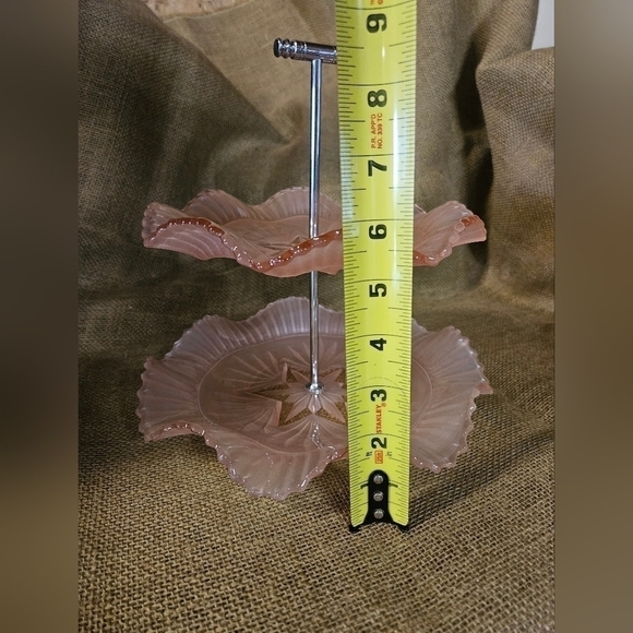 Vintage 2-tiered frosted pink glass cake plate Bagley Glass England - Picture 5 of 6